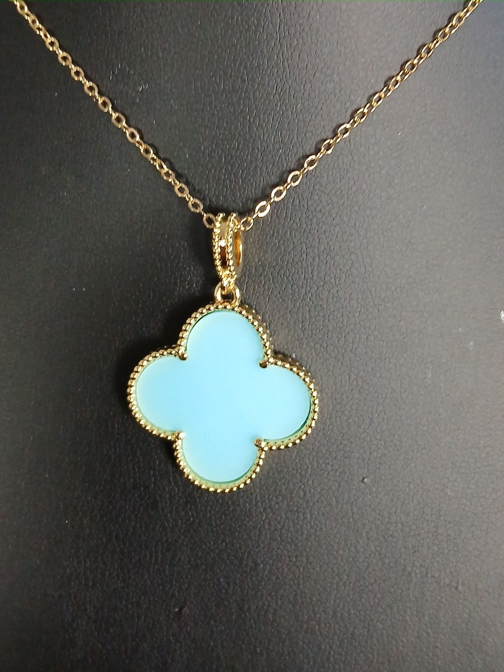 Gold Plated Blue Clover Pendant Necklace - Women Jewelry